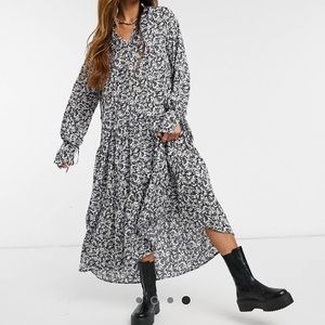 glamorous midi smock neck with tie neck floral